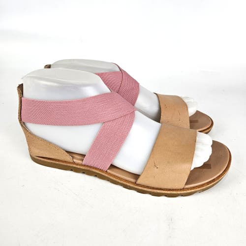 SOREL Womens Ella II Sandal Size 6.5 Tan Leather Pink Elastic Strap Flat Shoe