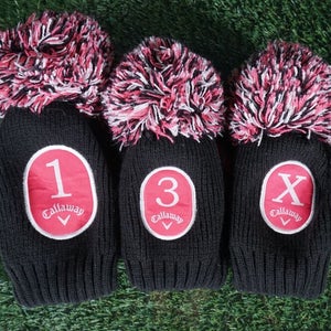 CALLAWAY GIRLS 3 HEADCOVERS  POM SOCK SET DRIVER + X + 3 FAIRWAY WOOD PINK/BLACK