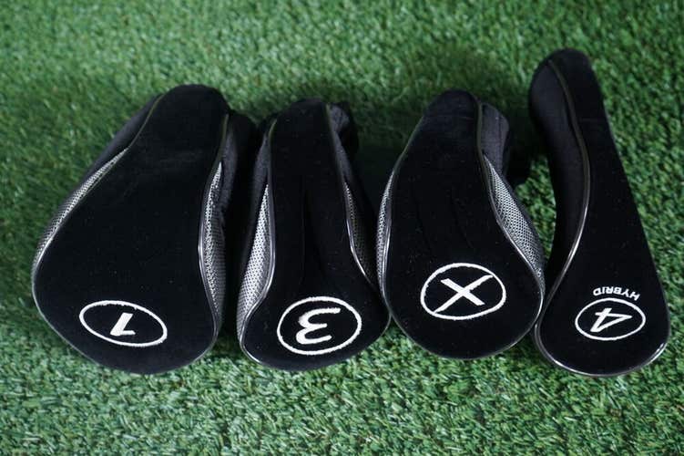 4 HEADCOVERS SET DRIVER, 3 + X FAIRWAY WOODS, 4 HYBRID BLACK / SILVER