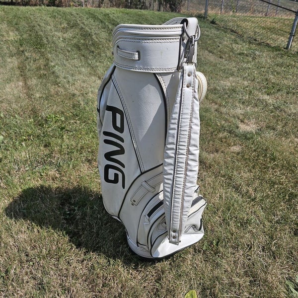 Vintage Ping White Black Leather 6 Way Cart Bag w Rain Cover