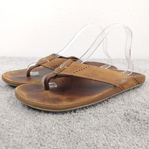 Olukai Nui Flip Flop Sandals Mens 12 Shoes Brown Leather Beach Comfort