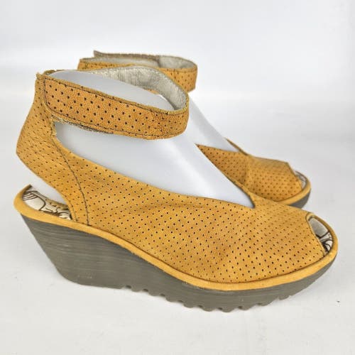 Fly London Yala Wedge Sandals Platform Mustard Yellow Perforated Peep Toe 37 / 6