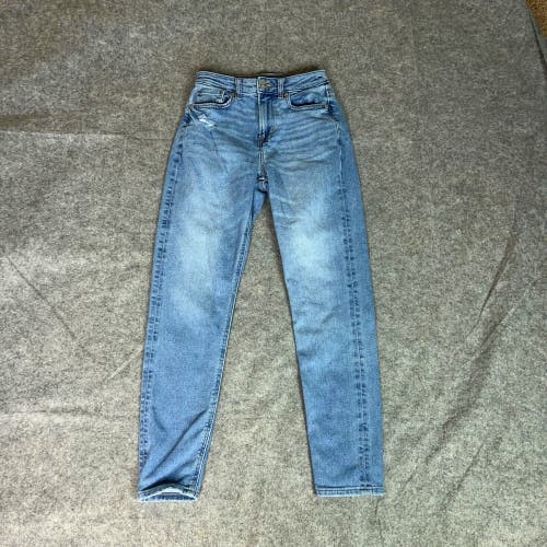 American Eagle Women Jeans 000 Blue Mom Denim Pant High Rise Distressed Light