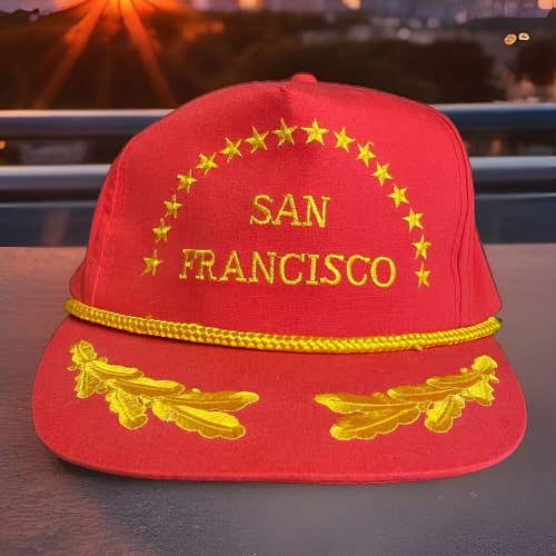 Vintage San Francisco Hat Embroidered Gold Leaf & Stars Trucker Snapback Cap Red