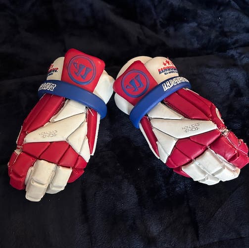 Red, White and Royal Blue Used Warrior Evo  Lacrosse Gloves