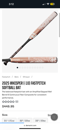 New DeMarini Whisper Bat (-10) Composite 21 oz 31"