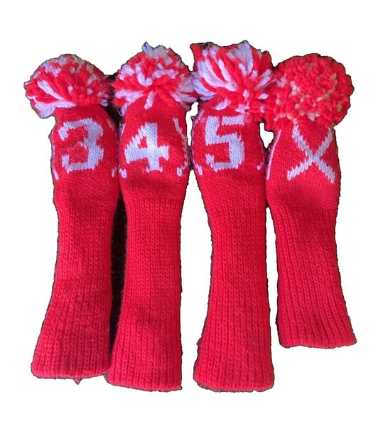 Golf Headcover Set Fuzzy Pom-Pom 4-Pieces Red & White 3,4,5,X For Vintage Woods