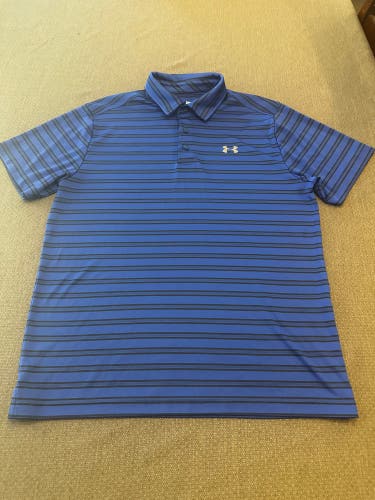 Under Armour blue/black striped polo. Mens medium