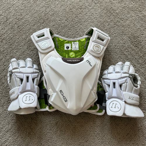 Used Warrior Burn Lacrosse Gloves and Maverik Max EKG Shoulder Pad Set