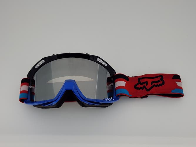 Fox MX Goggles Dirt Bike Motocross Black Blue with Red White and Blue Strap Silver Mirror Lens