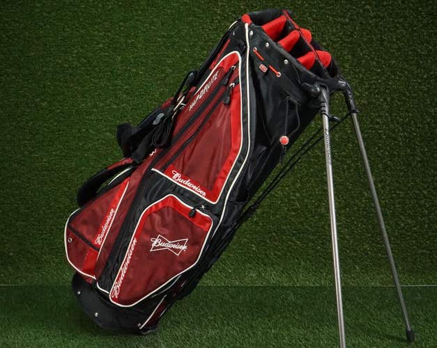 RARE OGIO VAPORLITE BUDWEISER LOGOED 8-WAY DIVIDER GOLF STAND BAG, RED / BLACK