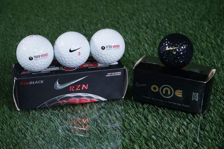 4 RARE NEW NIKE GOLF BALLS, 3, TIGER WOODS CHARITY PLAYOFFS LOGO & 1, ONE BLACK!