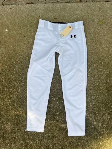 White New Small Youth Under Armour Game Pants Tapered Fit