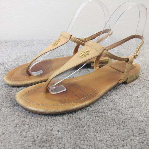 Tory Burch-Strap Sandals Womens 6.5 Shoes Brown Leather Flats Gold Logo