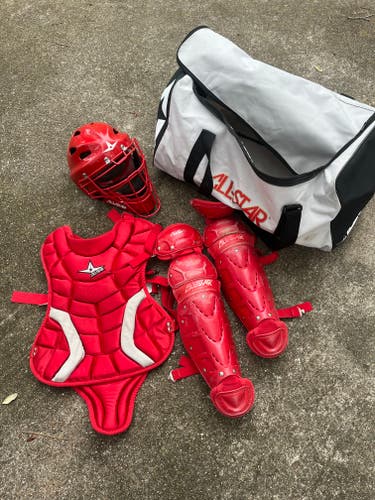 Used Red Youth All Star Classic Pro Catcher's Set Red with Bag (Helmet 6 1/4-7)