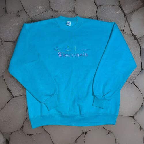 Vintage Wisconsin Turquoise Teal Embroidered Sweatshirt Nature Sweater Size XL