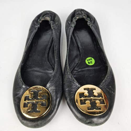 Tory Burch Reva Black Leather Ballet Flats Gold Logo Shoes Women's Size 9M