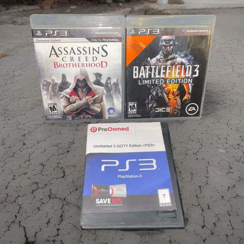 PS3 Video Game Bundle Assassins Creed Brotherhood, Battlefield 3, Uncharted 3