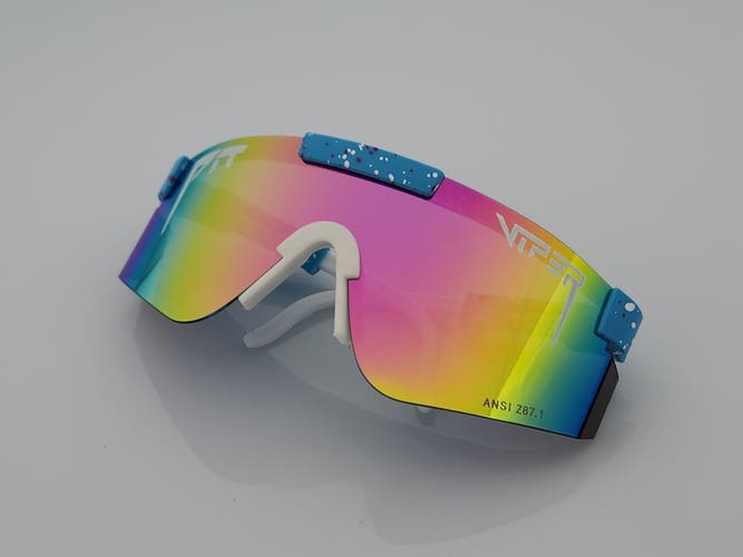 Blue Frame with Pink-Yellow Mirror Lens ANSI Z87 Pit Viper Safety Sunglasses PV59