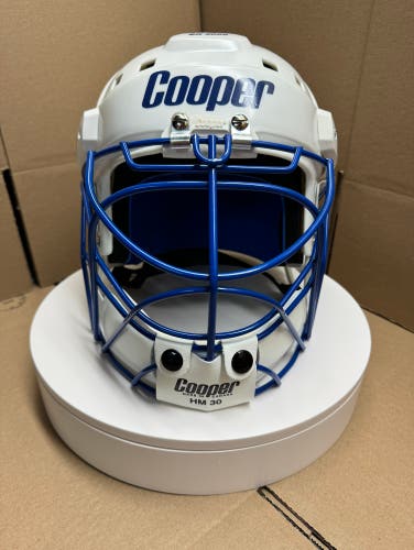 VINTAGE  WHITE LARGE COOPER SK2000 HOCKEY GOALIE MASK BLUE CAGE DECALS AND FOAM!!