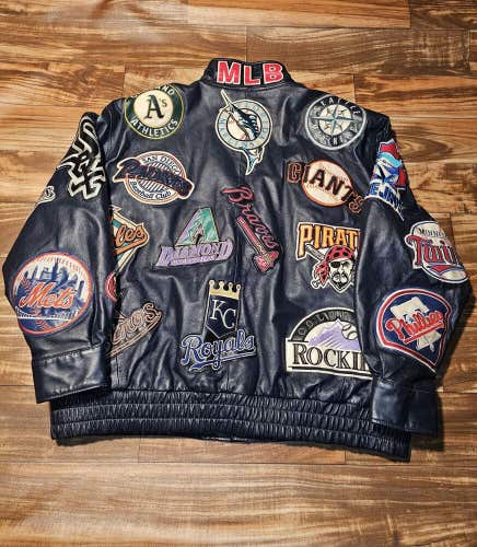 Vintage Rare JH Design Leather MLB Baseball Sports Patch Navy Jacket Size 5XL