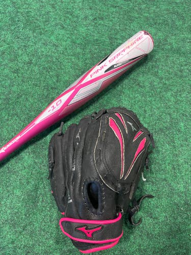 Used Softball Bundle (2020 Easton Pink Sapphire 28" 18oz (-10)/ Mizuno Finch Right Hand 11" Glove)