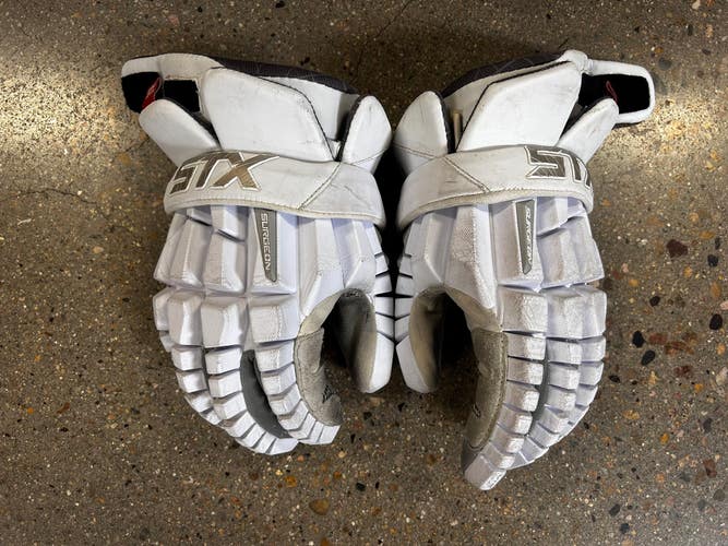 White Used STX Surgeon RZR Lacrosse Gloves Medium