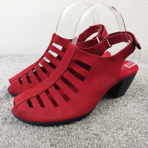 Munro American Sandals Womens 6 Slingback Heels Red Leather Cut Out Peep Toe