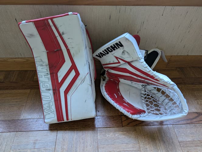 Red and White Vaughn Velocity and V9 Pro Senior Glove and Blocker Set