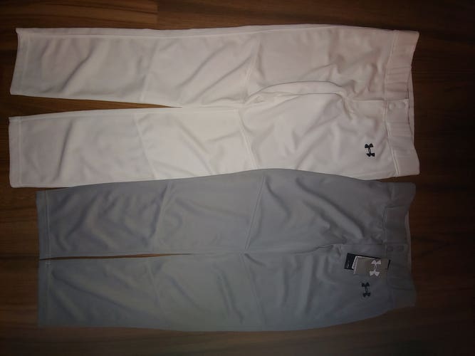 New White Large and Grey Medium Under Armour Game Pants