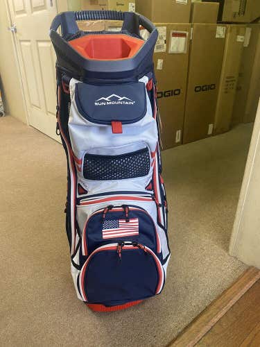 New 2024 Sun Mountain C-130 14 Way  Cart Bag Red / White / Blue