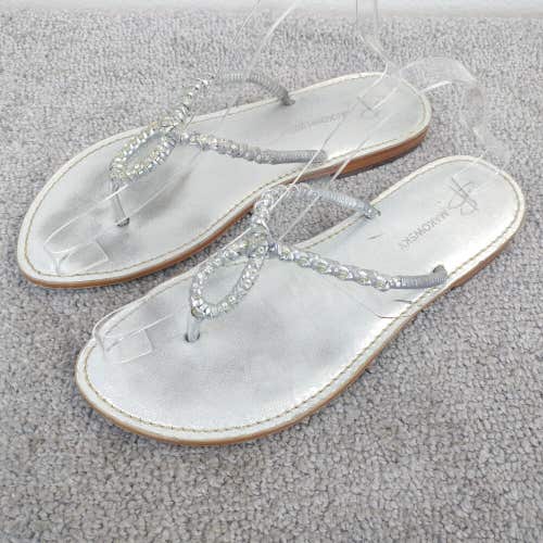 B Makowsky Sandals Womens 10 Thong Slip On Shoes Silver Braided Beaded Stone