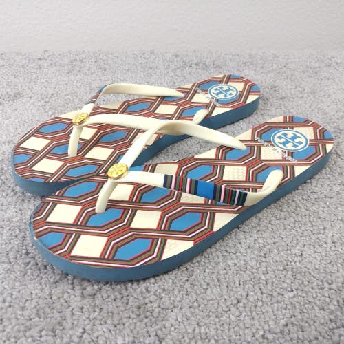 Tory Burch Flip Flops Womens 7.5 Sandals PVC EVA Printed Blue Gold Logo Thong