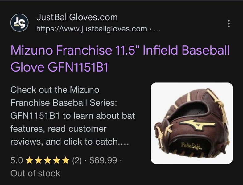 Used Mizuno Franchise GFN1151B1 Right Hand Throw Infield Baseball Glove 11.5"