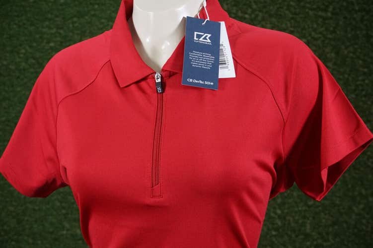 WOMENS MEDIUM CUTTER & BUCK FORGE STRETCH 1/2 ZIP GOLF POLO CARDINAL RED, NWT