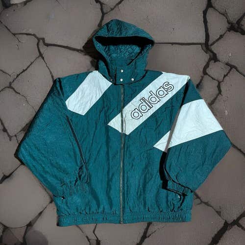 Vintage 90s Adidas Logo Windbreaker Puffy Coat Jacket Full Zip Hooded Men's XL