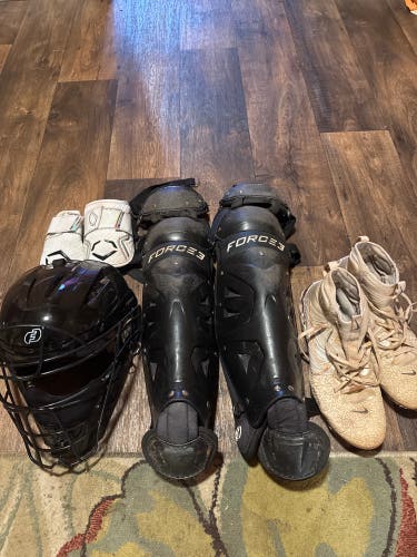 Force 3 X23 Catcher’s Helmet, Shin Guards, Evoshield Gear, And Nike Cleats
