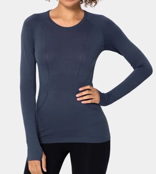 Halara Womens Breathable Round Neck Thumb Hole Sports Top Blue Grey Small NEW`