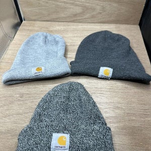 Carhartt Beanie Men One Size Grey Hat Knit Cuffed Logo Acrylic USA Made Lot of 3