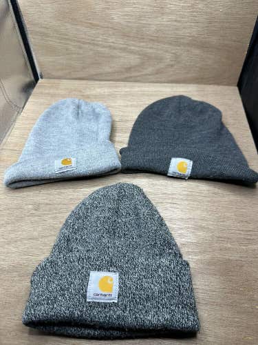 Carhartt Beanie Men One Size Grey Hat Knit Cuffed Logo Acrylic USA Made Lot of 3