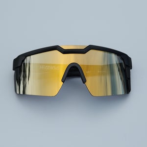 Heatwave Future Tech Large Z87 Shield Sunglasses Black Frame Gold Mirror Lens H7