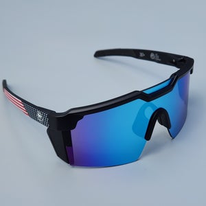 Heatwave Future Tech Large Z87 Shield Sunglasses USA Flag Black Frame Blue Mirror Lens H6