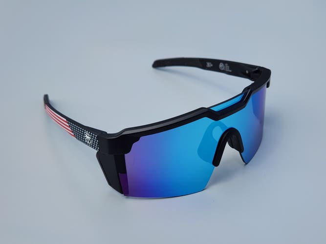 Heatwave Future Tech Large Z87 Shield Sunglasses USA Flag Black Frame Blue Mirror Lens H6