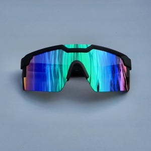 Heatwave Future Tech Large Z87 Shield Sunglasses Black Frame Green Mirror Lens H5