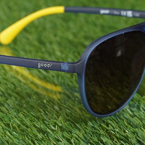 GOODR FREQUENT SKYMALL SHOPPERS SUNGLASSES NAVY BLUE YELLOW W/ BROWN LENS ~ VGC