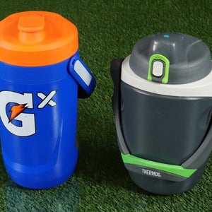 2 LARGE WATER BOTTLES, GATORATE GX BLUE 64 OZ & THERMOS FOAM INSOLATED JUG 64 OZ