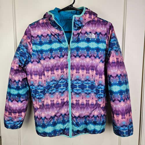 The North Face Reversible Puffer Jacket Girls L 14/16 Blue Hood Winter Coat