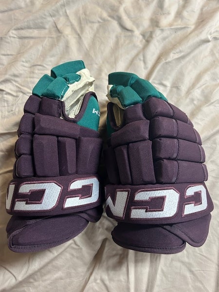 NHL Pro Stock Anaheim Mighty Ducks 30th Anniversary CCM HG97 Eggplant Teal Purple Hockey Gloves 13”