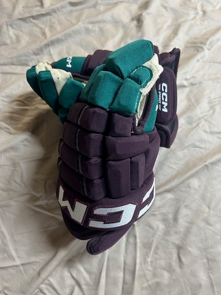 NHL Pro Stock Anaheim Mighty Ducks 30th Anniversary CCM HG97 Eggplant Teal Purple Hockey Gloves 13”