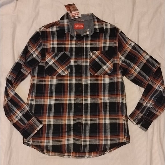 nwt coleman flannel shirt mens m button ftont navy / orange